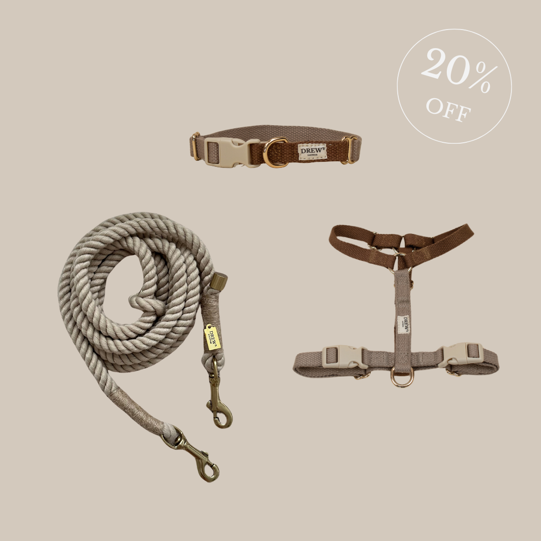 Cortado collar & dog harness + BEIGE standard dog leash